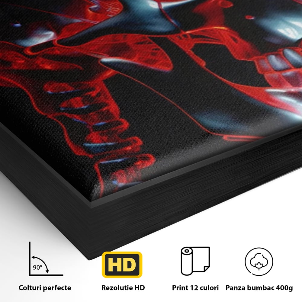 Detaliu al suprafetei: ilustratie digitala cu un craniu metalic, in rama de aluminiu negru